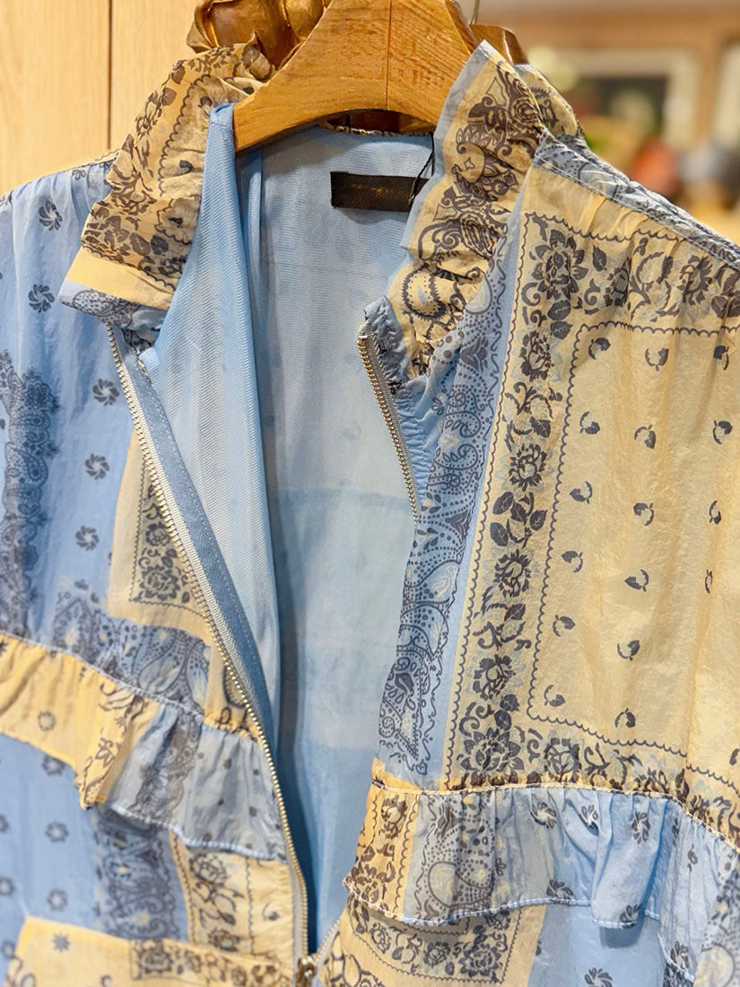 Scarf Printed Drawstring Hem Zip Up Vest Jacket