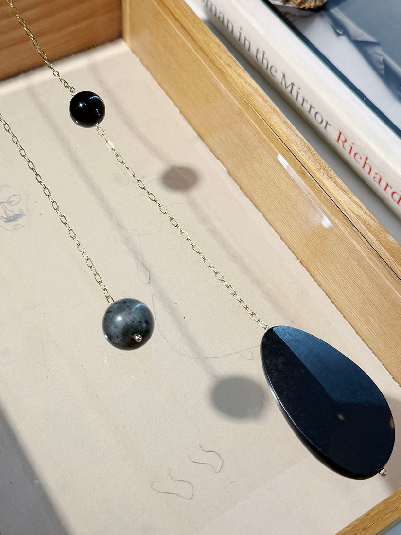 Wood & Gemstone Asymmetric Long Necklace