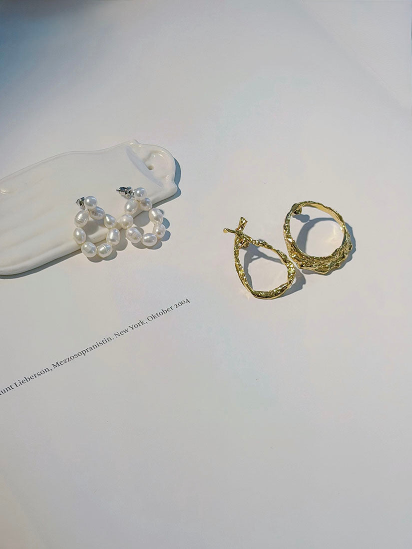 Organic Gold & Pearl Hoop Earrings (2 Styles)
