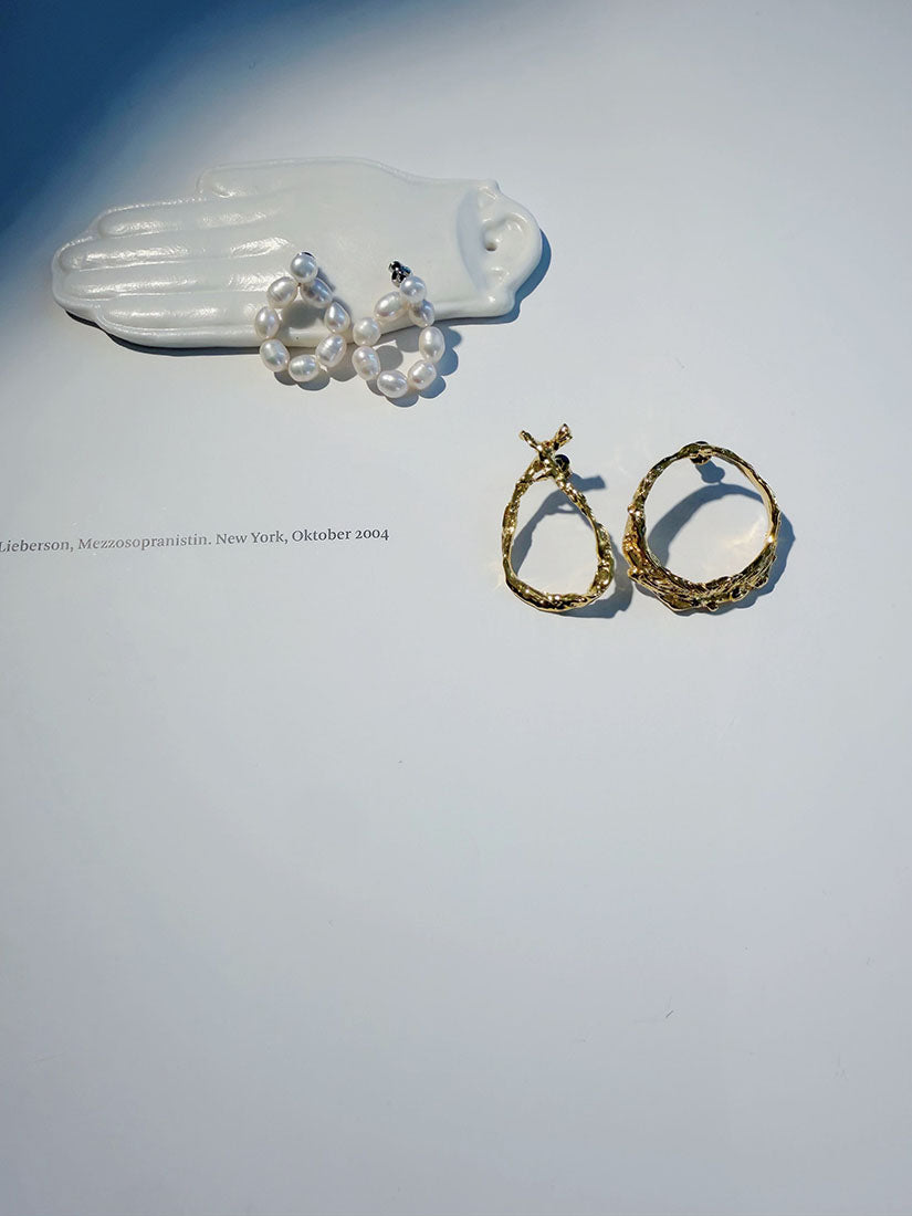 Organic Gold & Pearl Hoop Earrings (2 Styles)