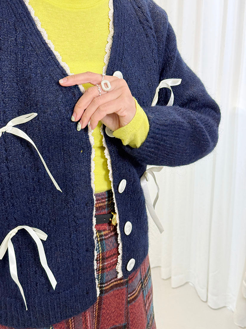 Lace Trim Ribbon Bow Cardigan (2 Colours)
