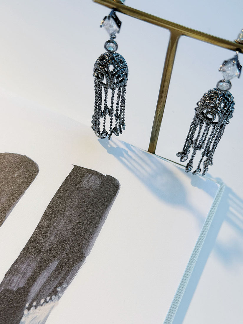 Victorian Filigree Crystal Chain Tassel Earrings