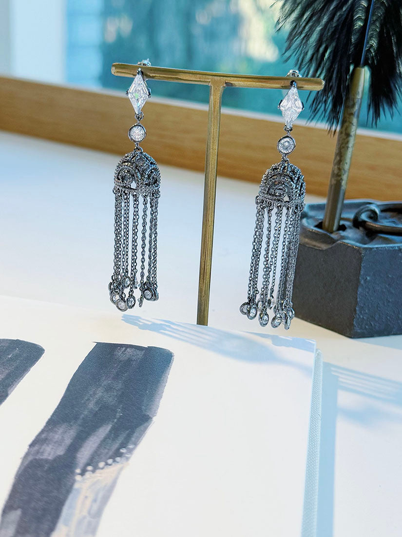 Victorian Filigree Crystal Chain Tassel Earrings