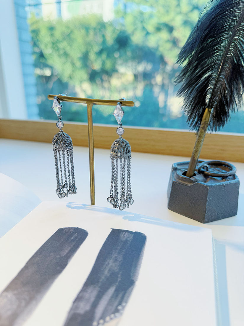 Victorian Filigree Crystal Chain Tassel Earrings