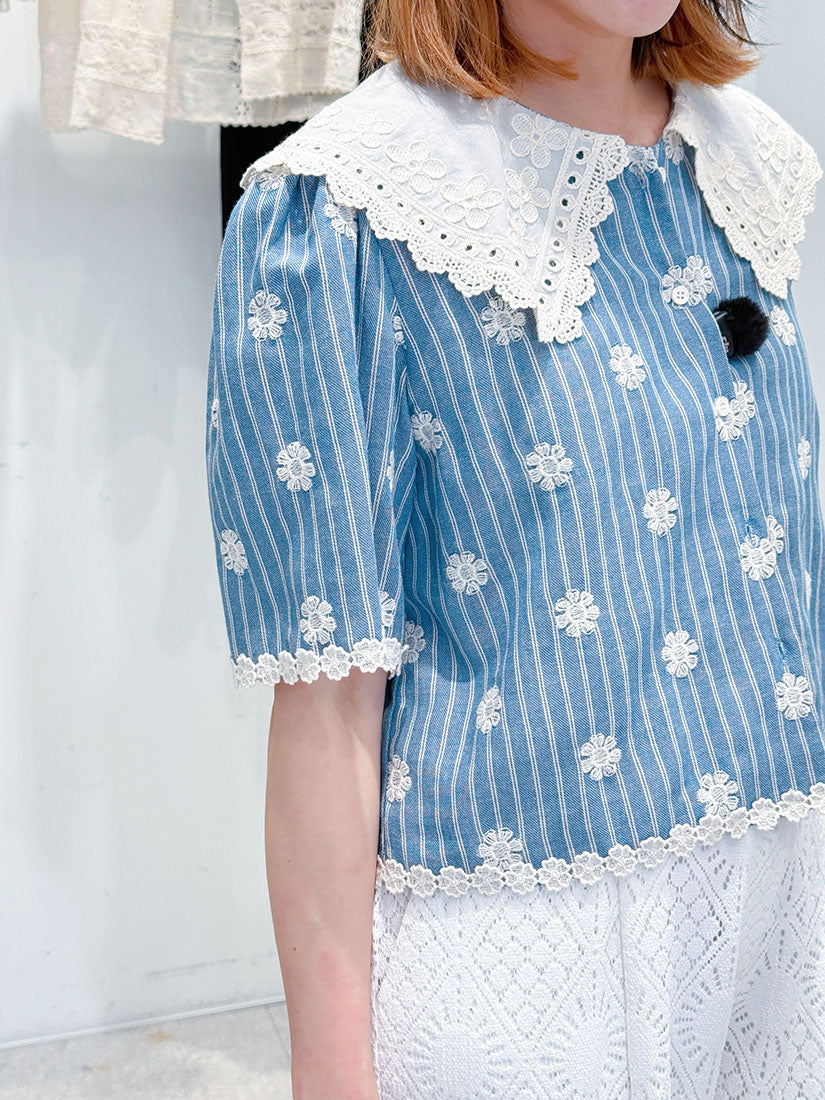 Platter Collar Floral Embroidered Striped Blouse