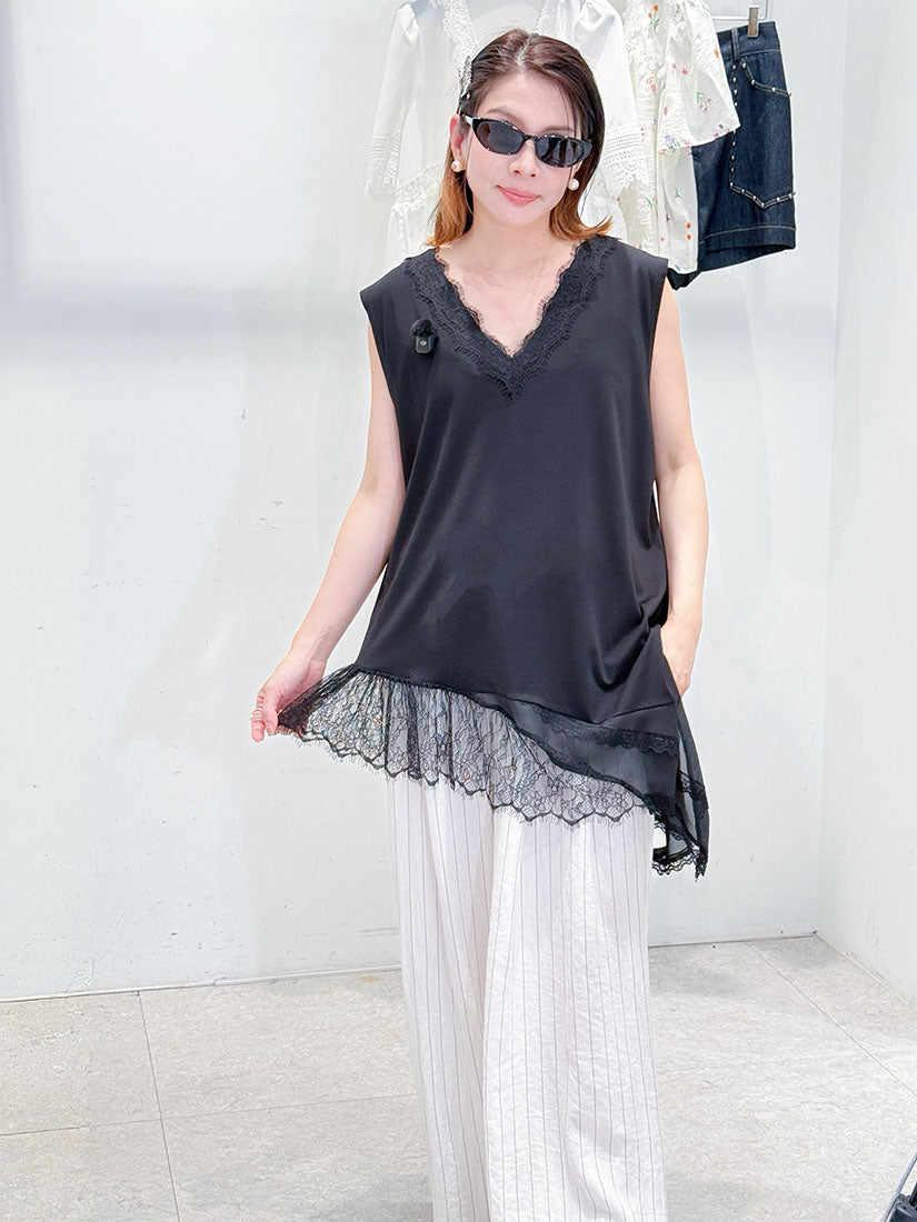 Asymmetric Hem Lace Trim V Neck Sleeveless Top (2 Colours)