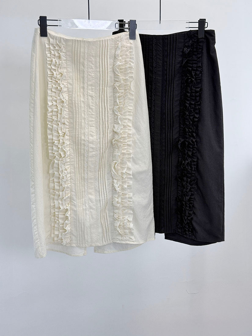 Lace Trim Ruffle Pin-Tuck Front Skirt (2 Colours)
