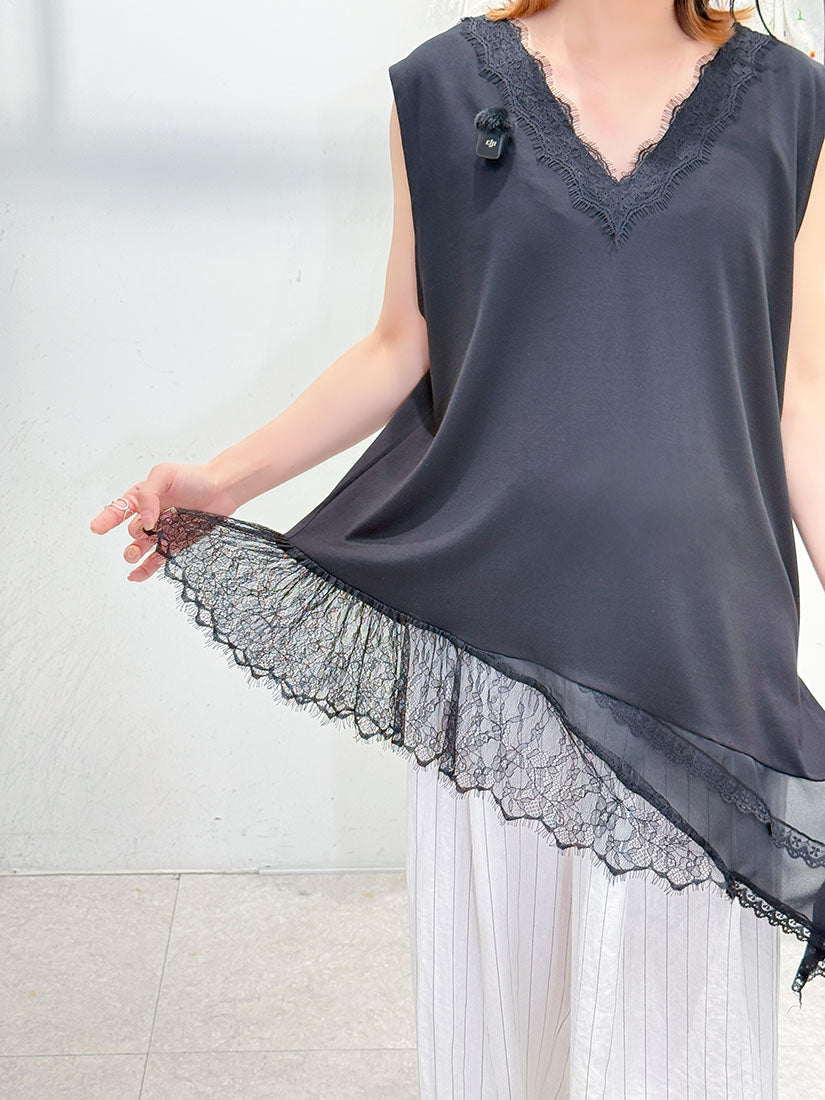 Asymmetric Hem Lace Trim V Neck Sleeveless Top (2 Colours)