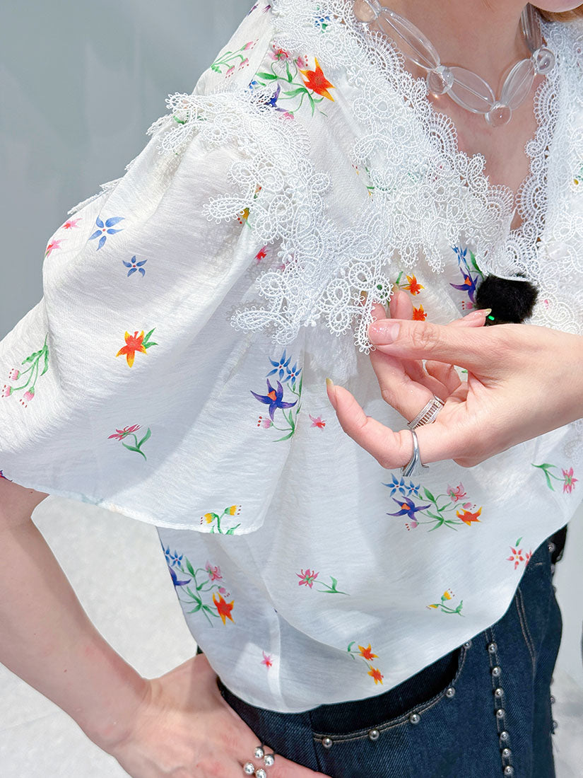 Lace Trim Floral V Neck Button Up Blouse