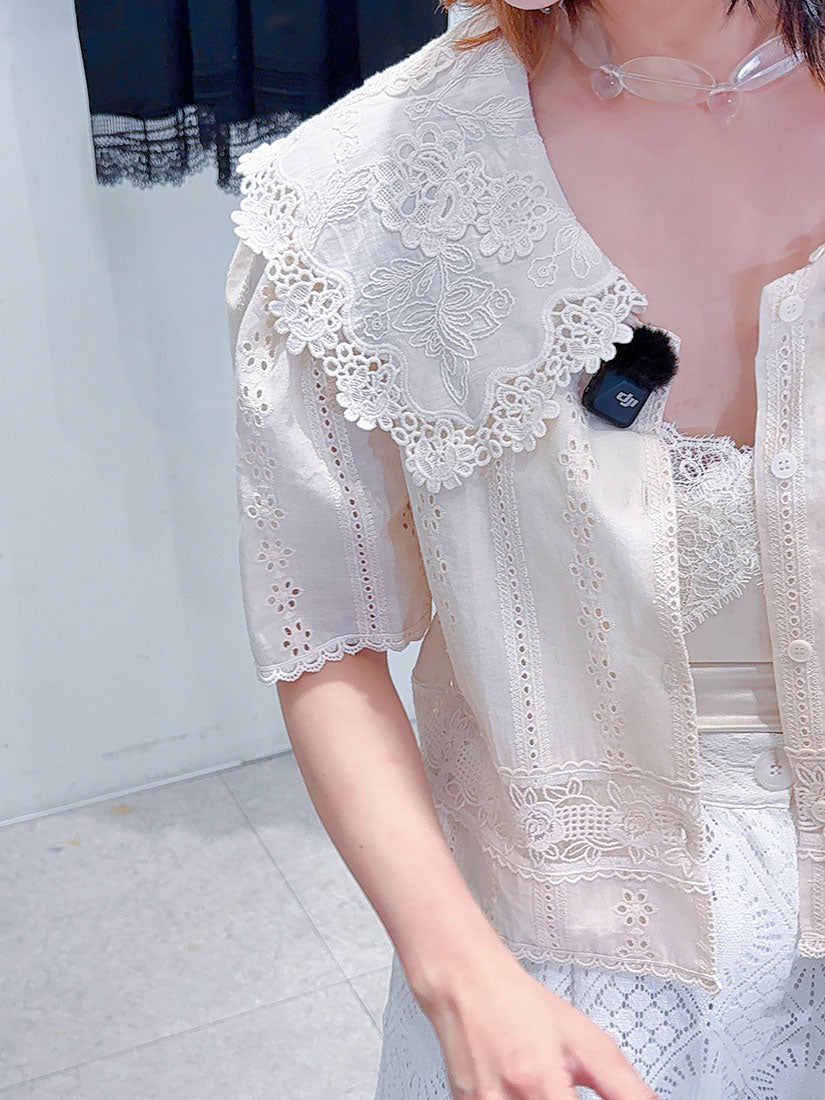 Platter Collar Floral Embroidered Perforated Blouse
