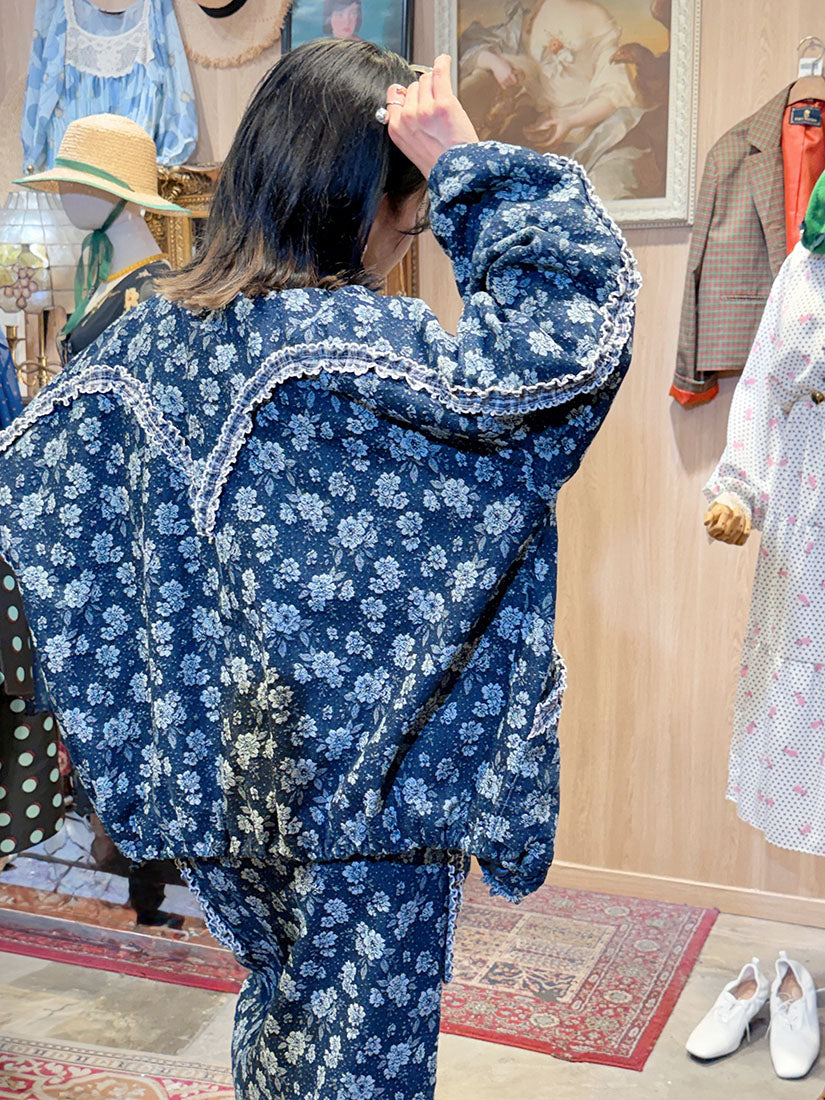 Navy Floral With Ruffle Lace Shirt Jacket