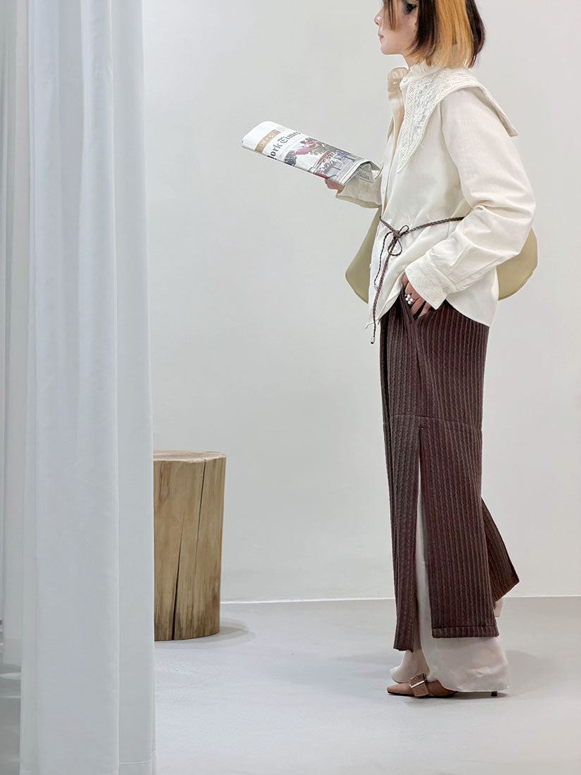 Layered Hem Knitted Pants With Leather Braid String (4 Colours)