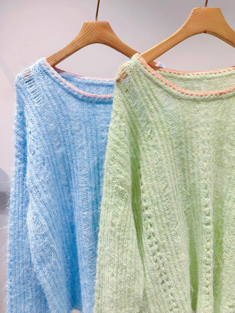 Embroidered Neck Pointelle Rib Sweater (2 Colours)