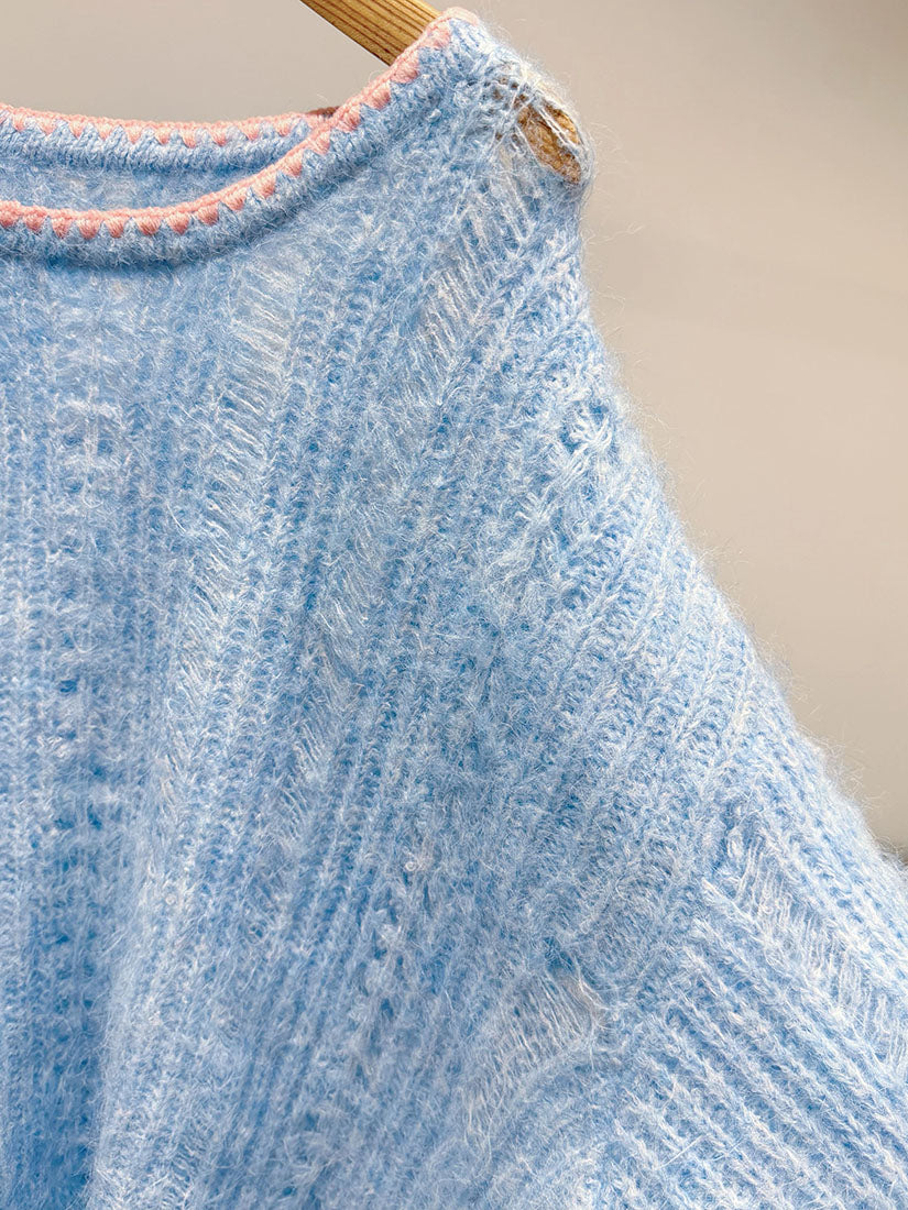 Embroidered Neck Pointelle Rib Sweater (2 Colours)