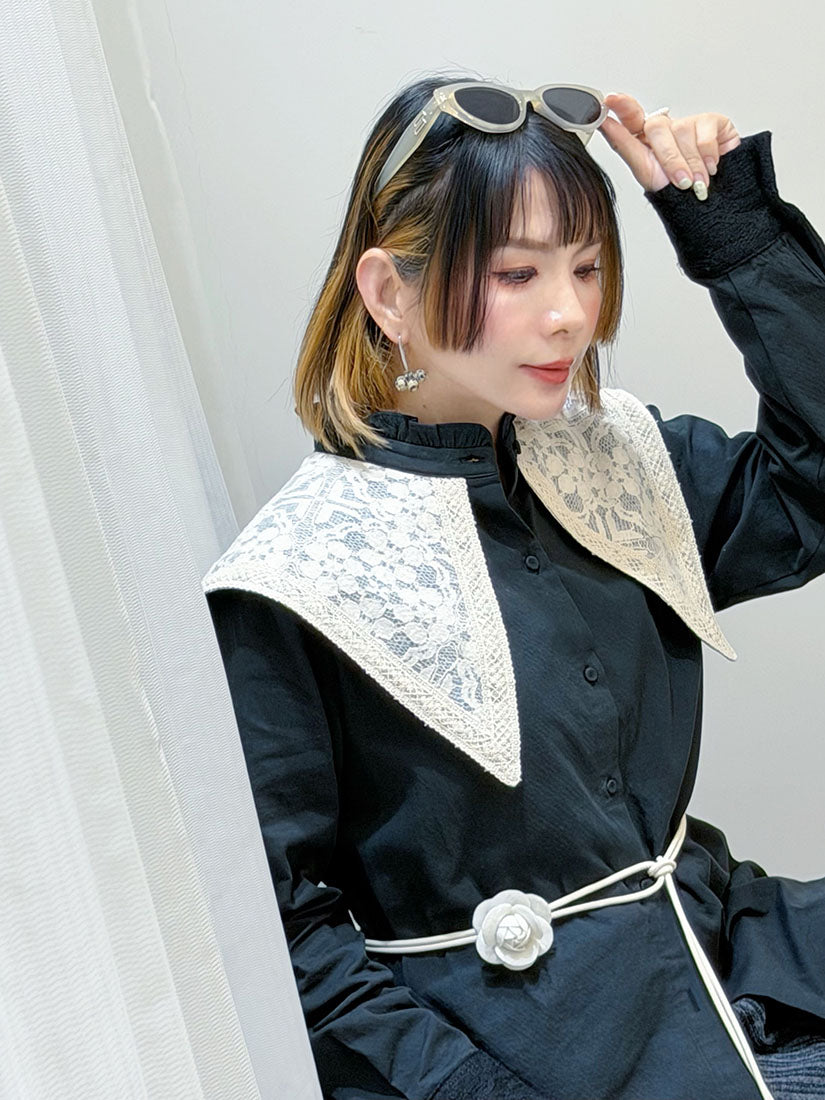 Ruffle Stand Collar With Lace Sailor Flap Shirt (2 Colours)