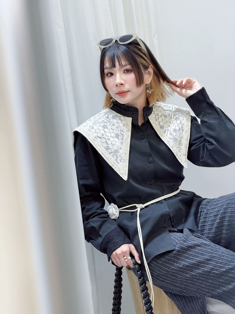 Ruffle Stand Collar With Lace Sailor Flap Shirt (2 Colours)