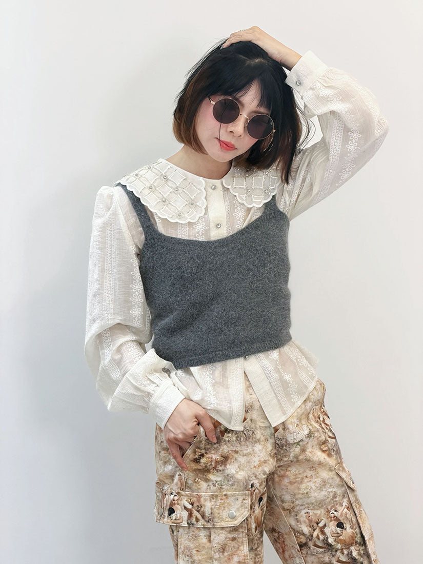 Rhinestone Embellished Collar Blouse