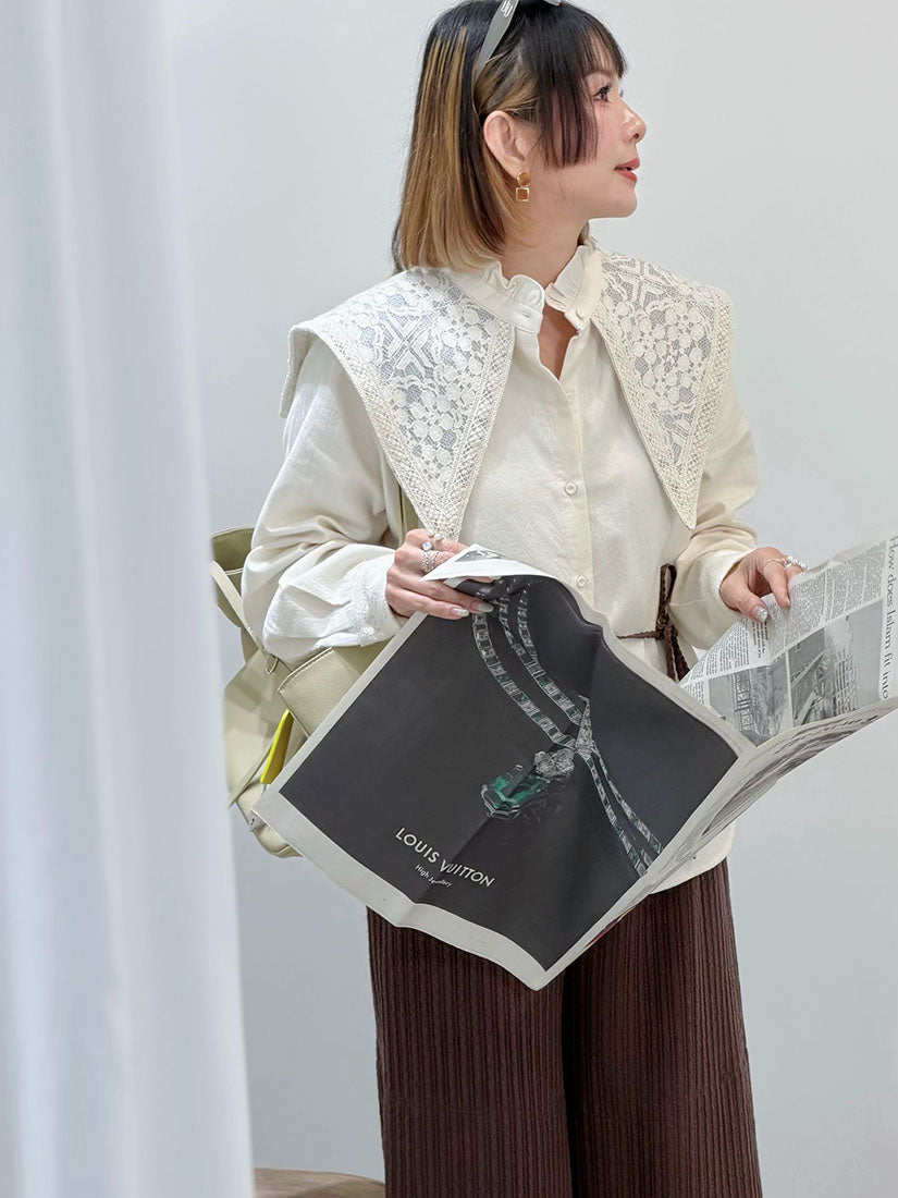 Ruffle Stand Collar With Lace Sailor Flap Shirt (2 Colours)