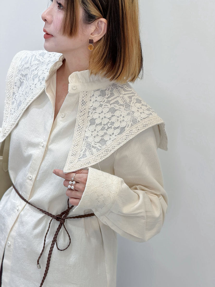 Ruffle Stand Collar With Lace Sailor Flap Shirt (2 Colours)