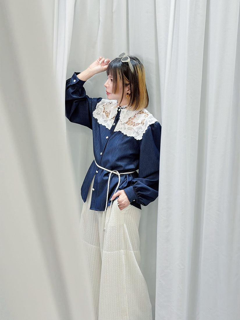 Lace Collar Yoke Denim Look Shirt