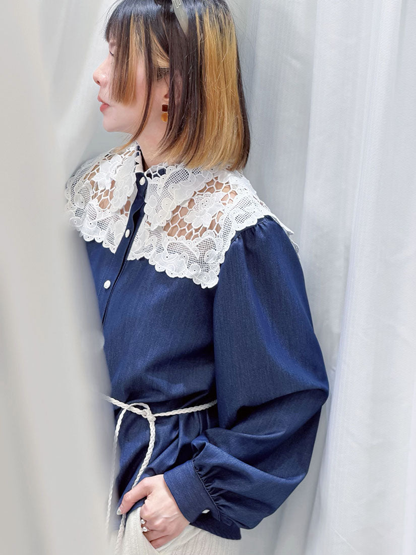 Lace Collar Yoke Denim Look Shirt