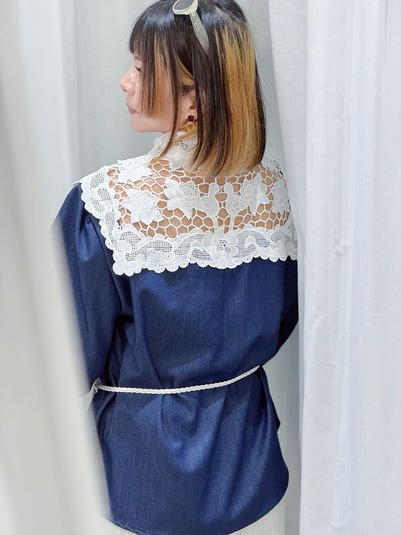 Lace Collar Yoke Denim Look Shirt