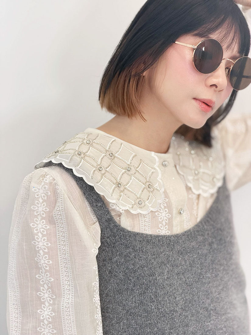 Rhinestone Embellished Collar Blouse