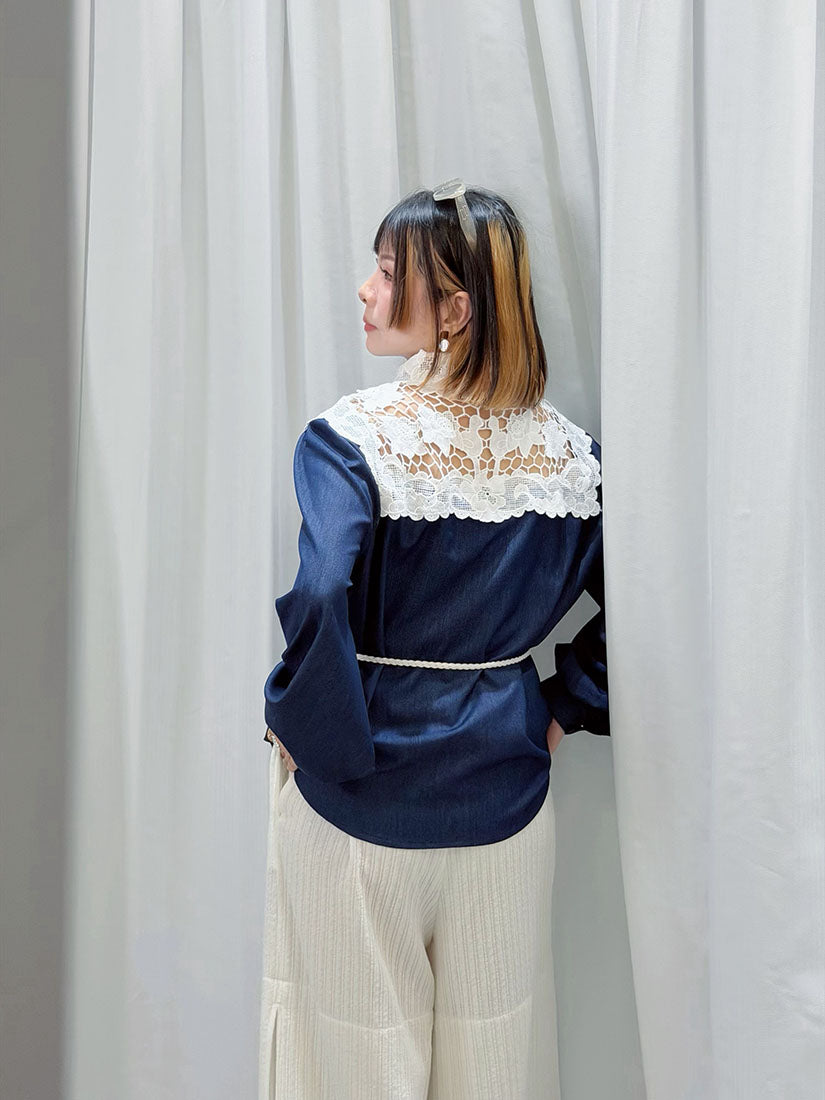 Lace Collar Yoke Denim Look Shirt