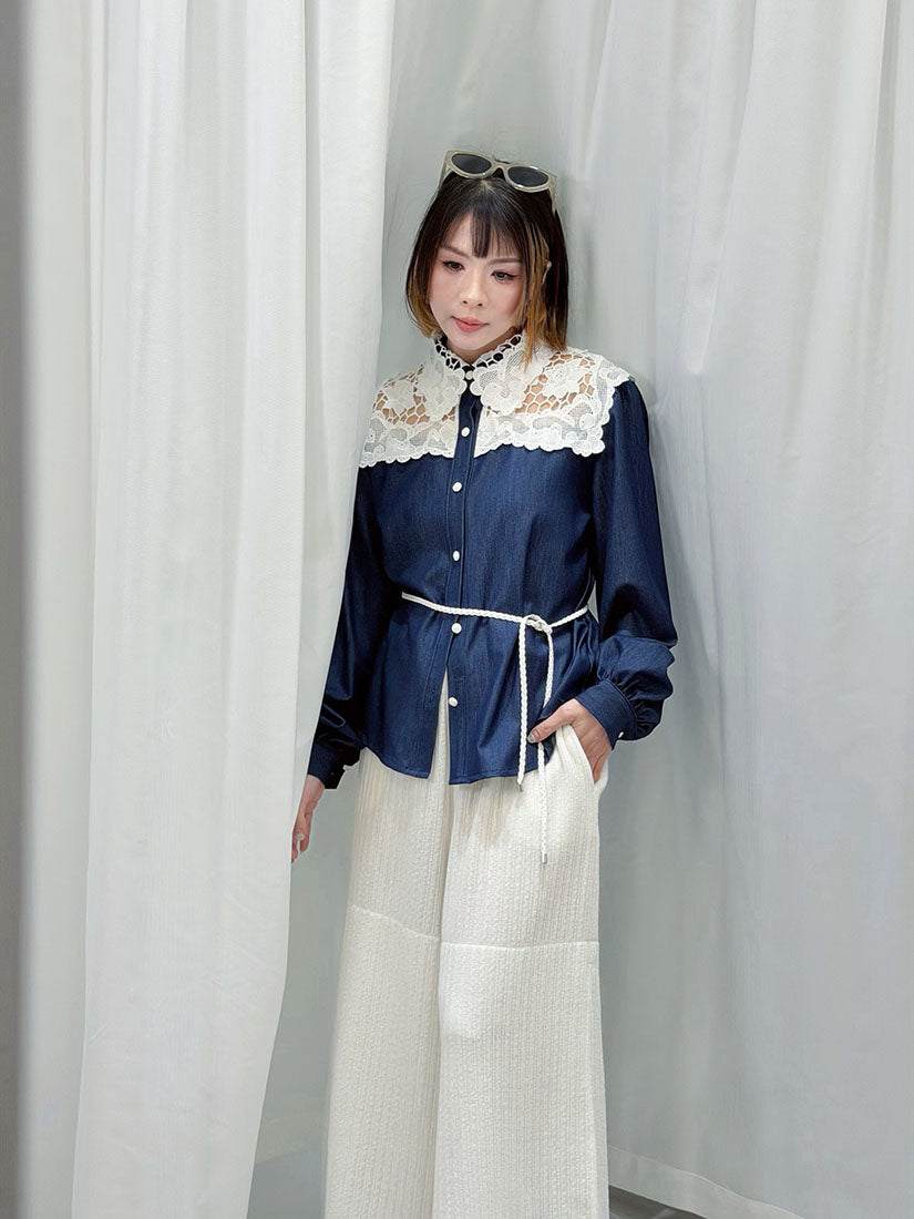 Lace Collar Yoke Denim Look Shirt