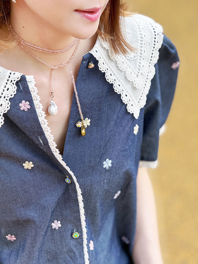 Lace Trim Collar Floral Embroidered Blouse