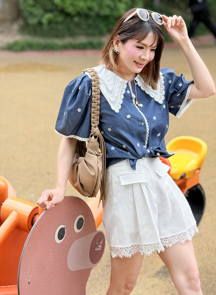 Lace Trim Collar Floral Embroidered Blouse