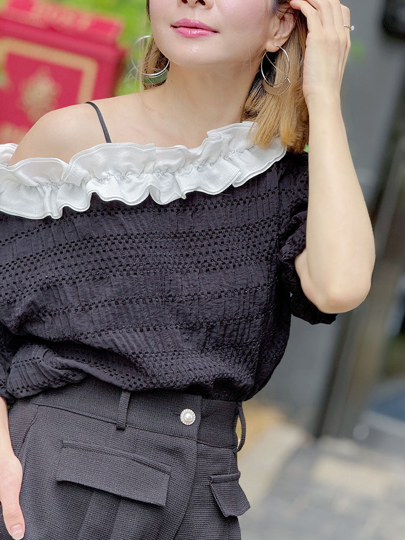 Ruffle Chiffon Trim Boat Neck Smocking Top (2 Colours)