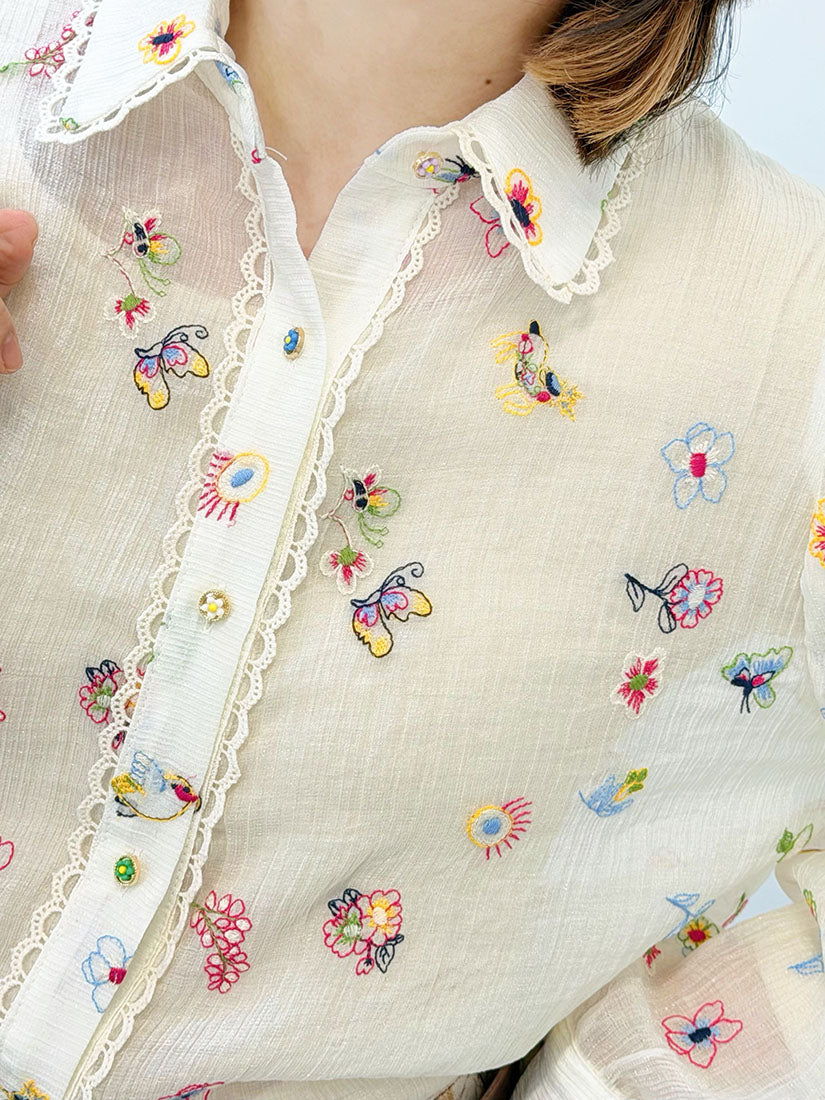 Lace Trim Embroidered Blouse