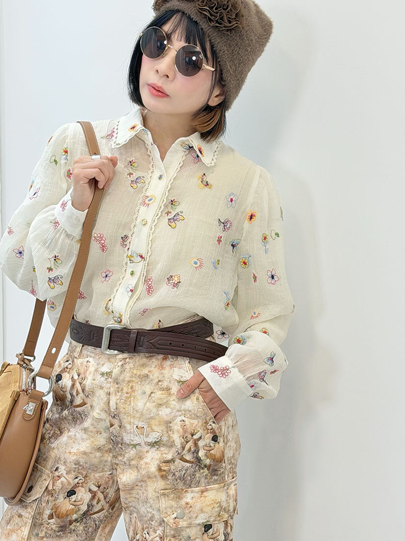 Lace Trim Embroidered Blouse