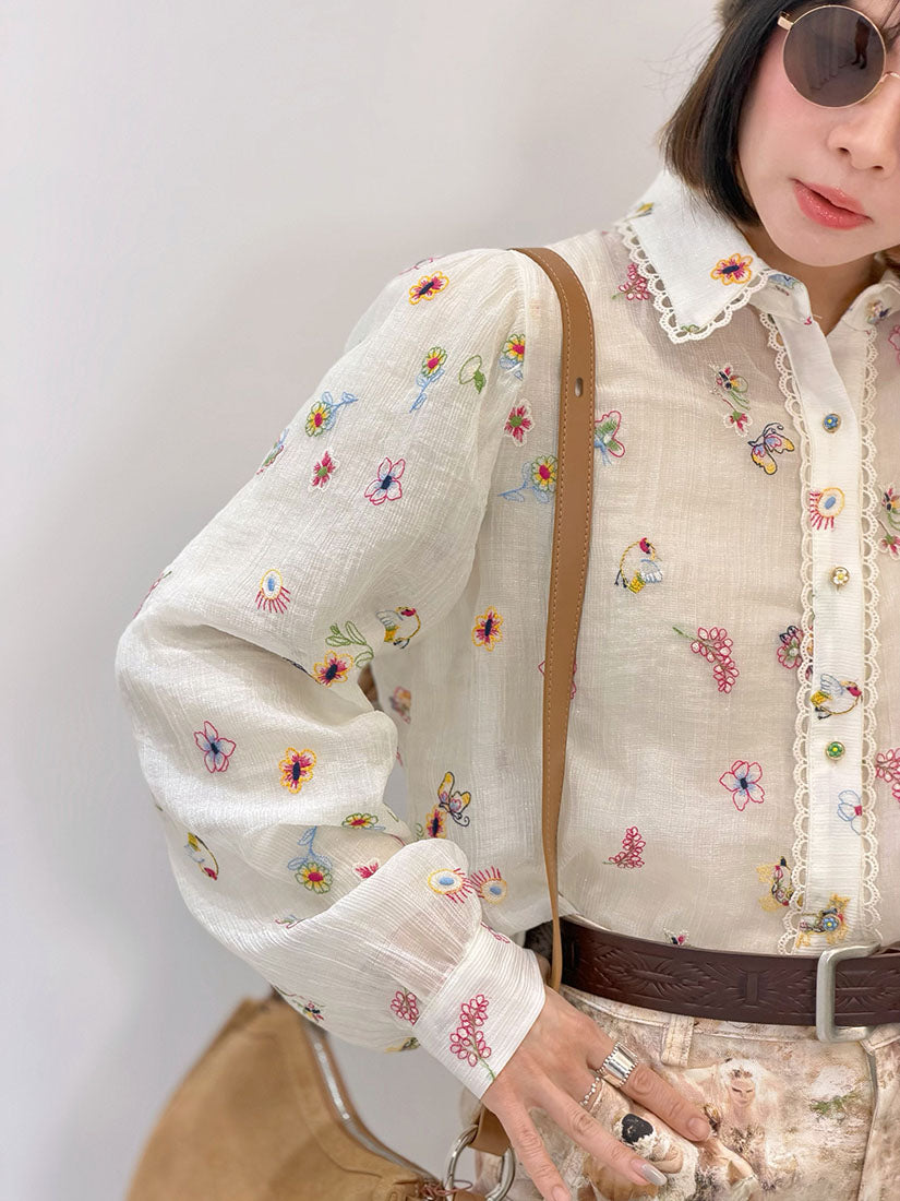 Lace Trim Embroidered Blouse