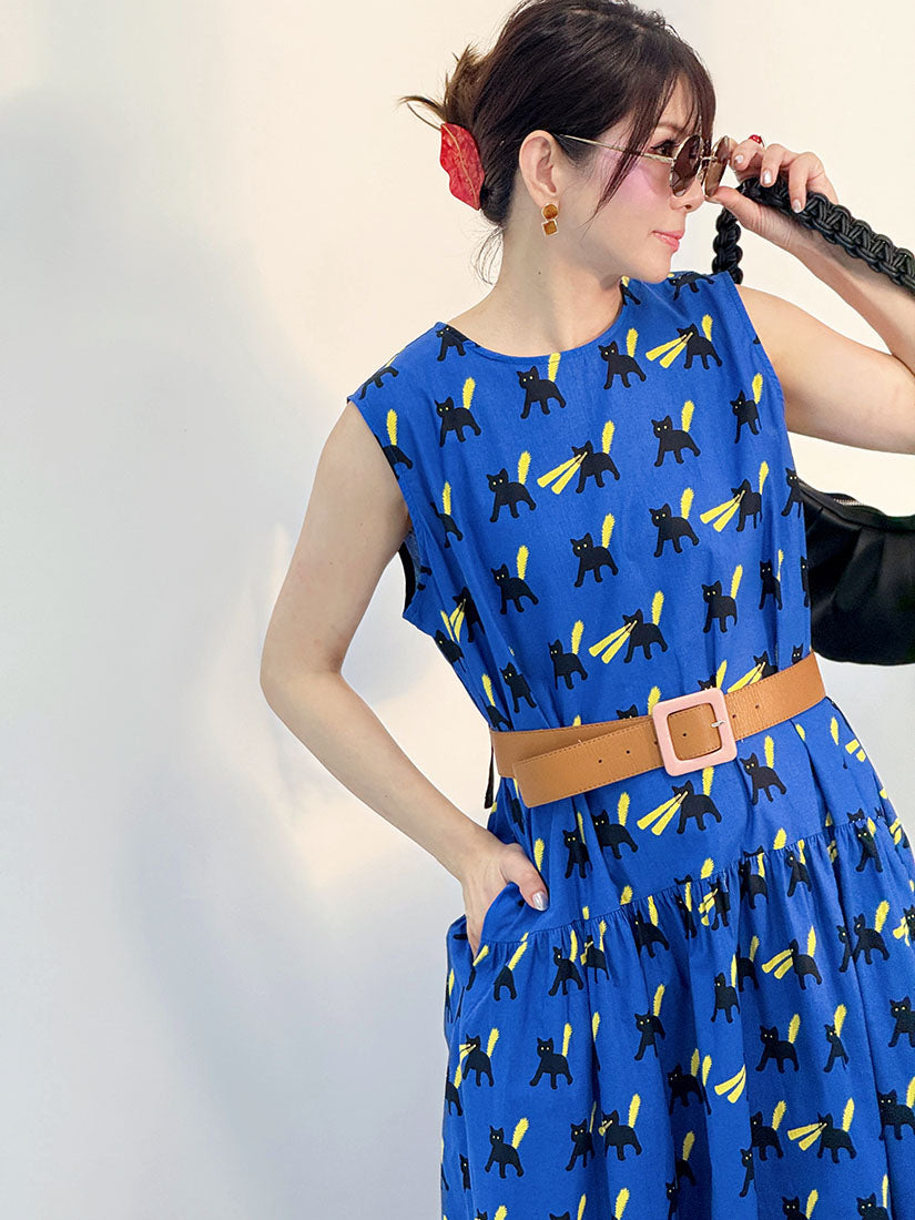 Tie Back Cat Printed Sleeveless Dress
