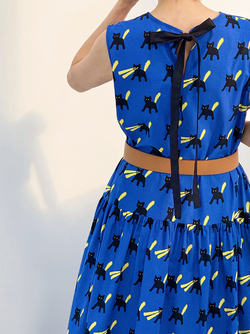 Tie Back Cat Printed Sleeveless Dress
