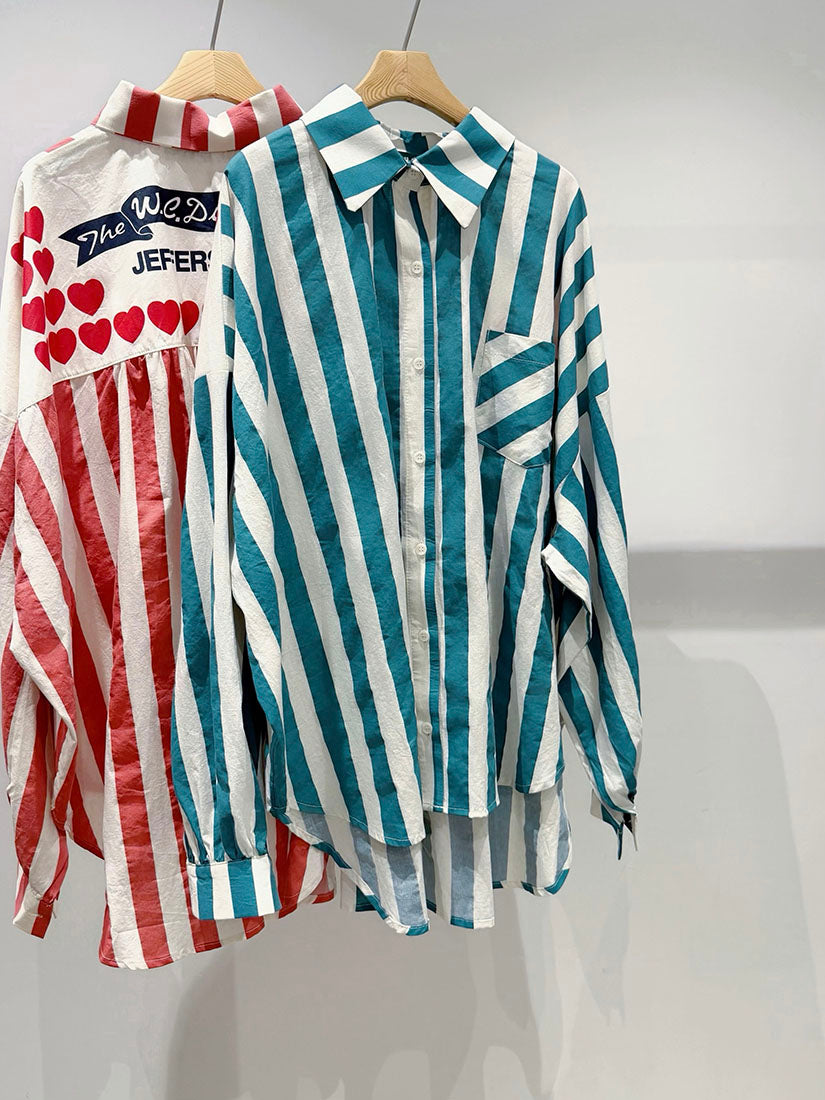 Heart Printed Back Yoke Striped Shirt (2 Colours)