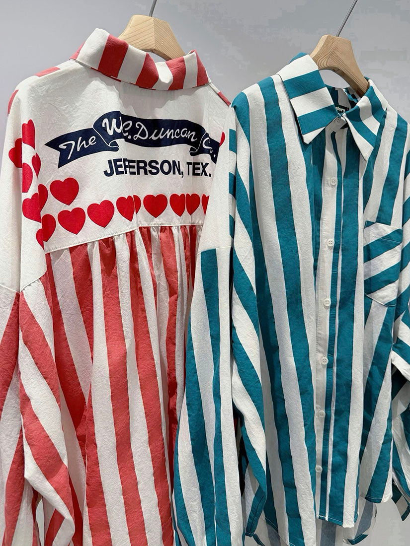 Heart Printed Back Yoke Striped Shirt (2 Colours)