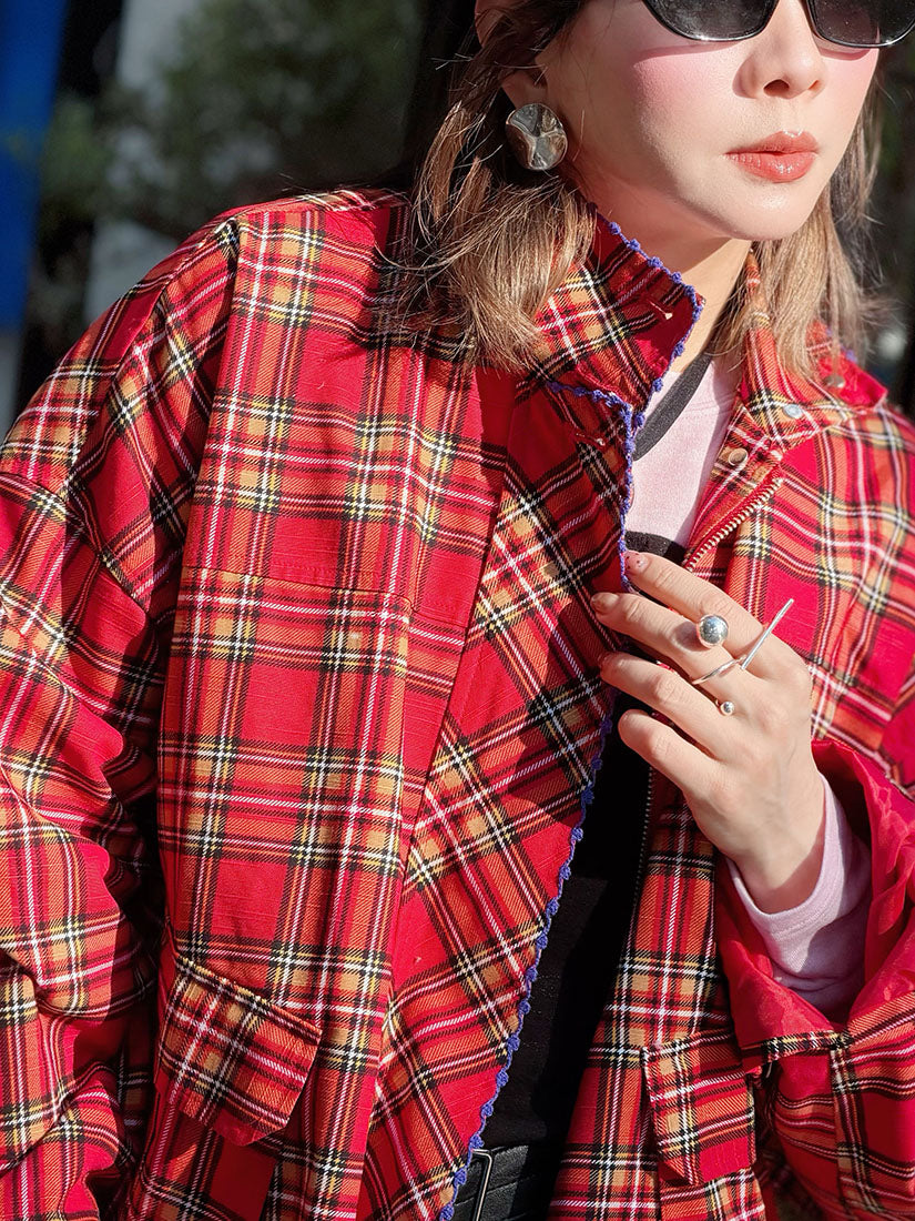 Embroidered Trim Plaid Turtle Neck Cargo Jacket (2 Colours)