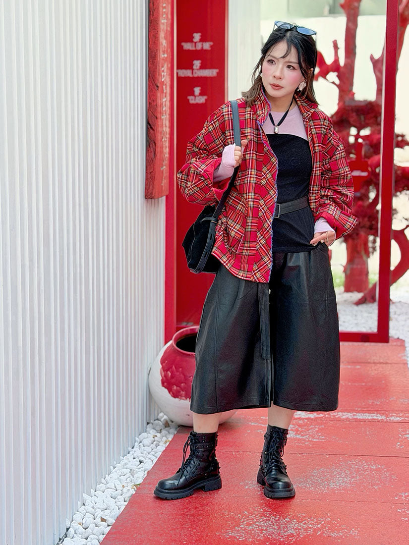 Embroidered Trim Plaid Turtle Neck Cargo Jacket (2 Colours)