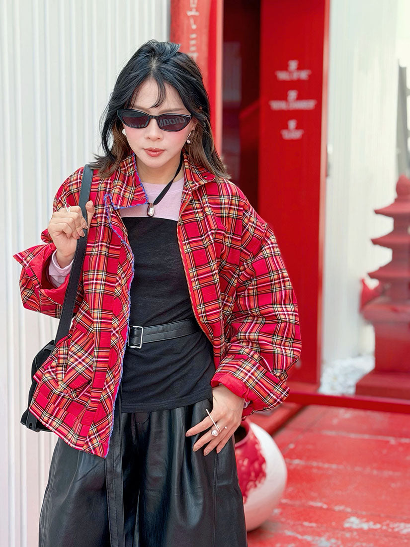 Embroidered Trim Plaid Turtle Neck Cargo Jacket (2 Colours)
