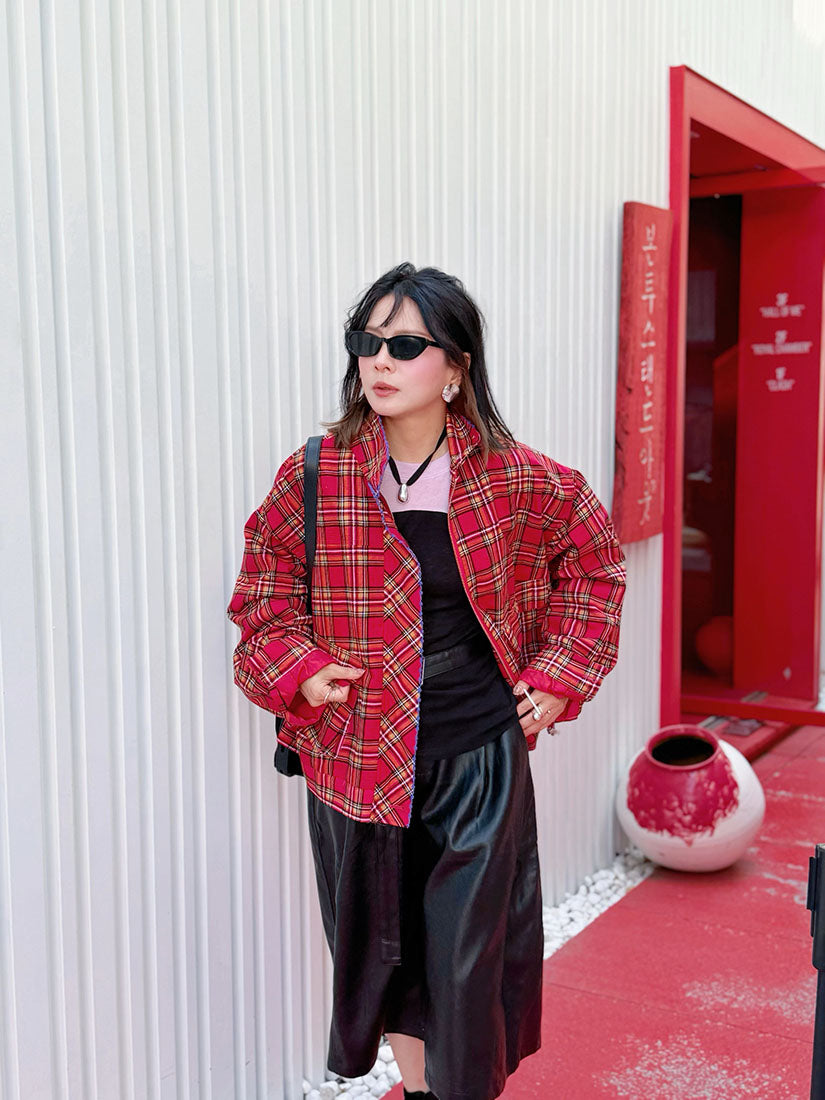 Embroidered Trim Plaid Turtle Neck Cargo Jacket (2 Colours)