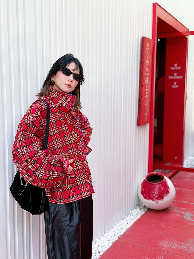 Embroidered Trim Plaid Turtle Neck Cargo Jacket (2 Colours)