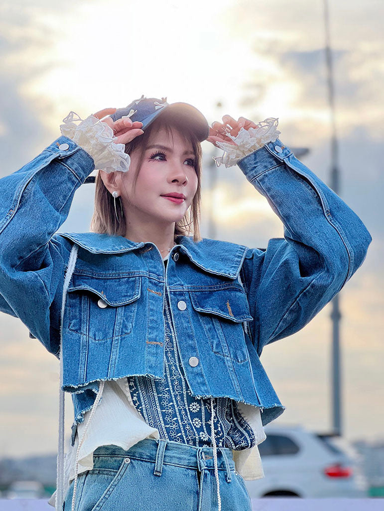 Sailor Collar Raw Hem Denim Cropped Jacket