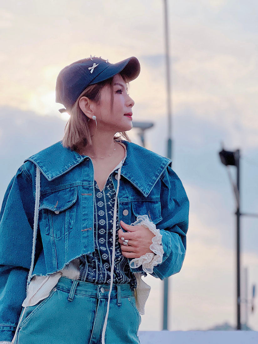 Sailor Collar Raw Hem Denim Cropped Jacket