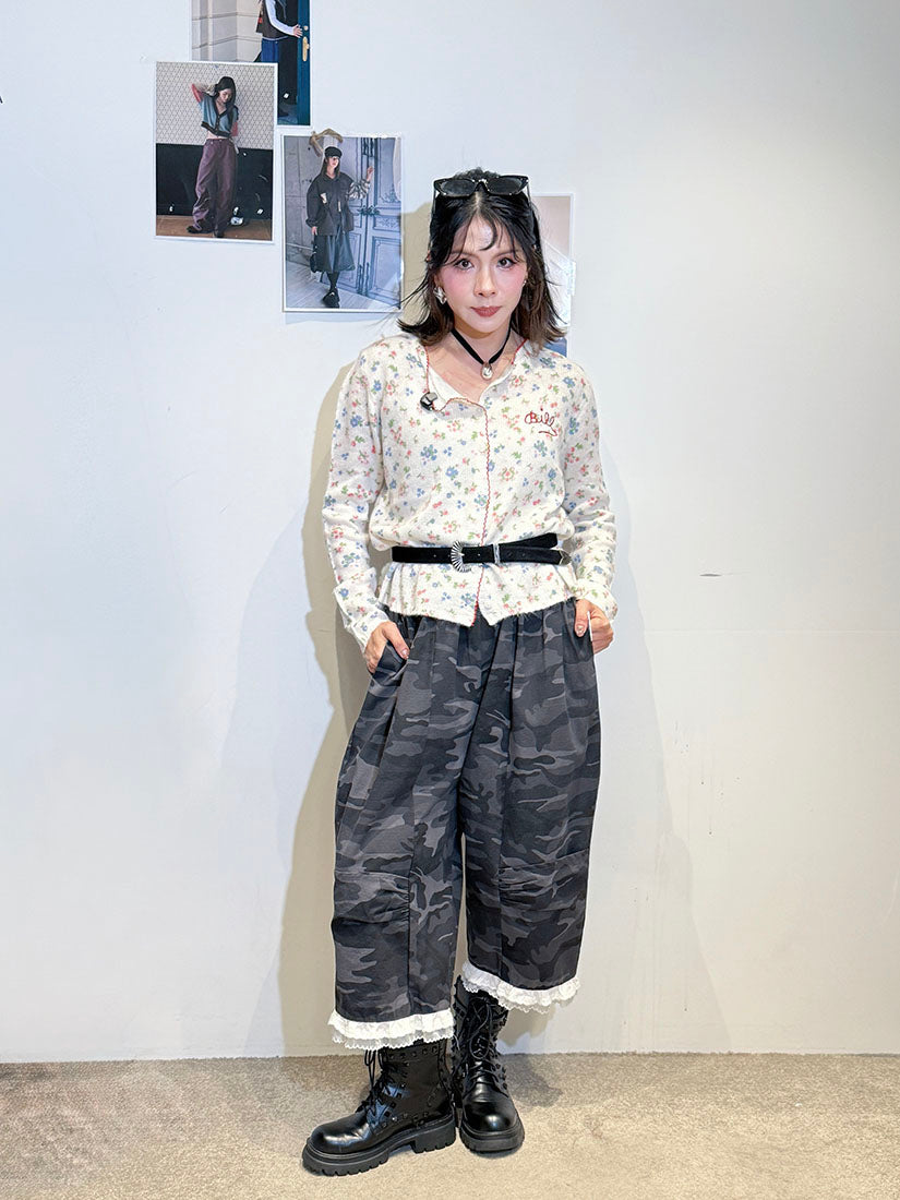 Layered Lace Hem Camouflage Printed Pants (2 Colours)
