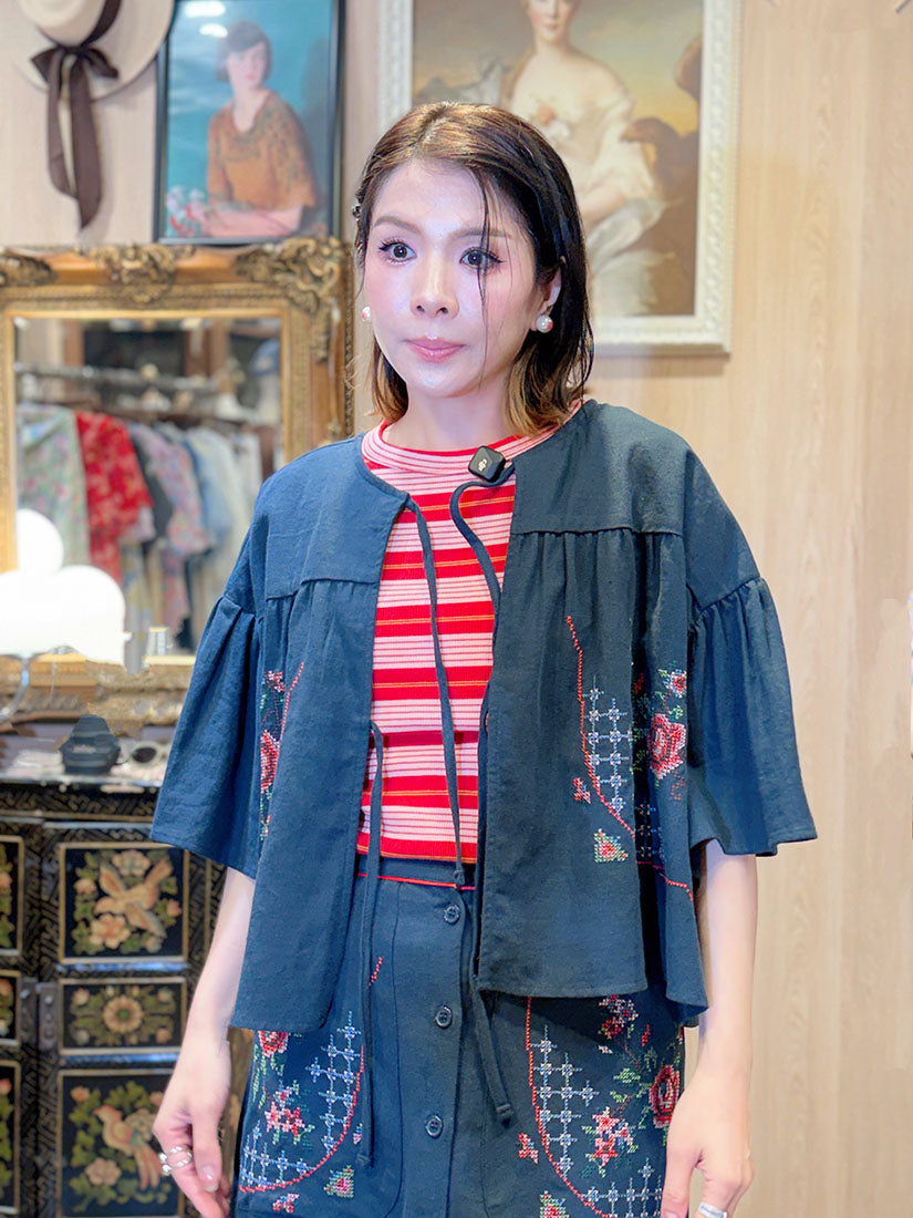 Cross Stitch Embroidered Tie Front Jacket(3 Colours)