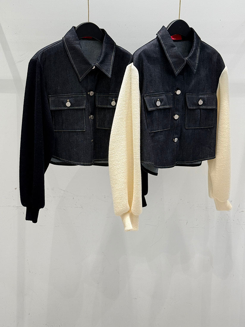 Two-Tone Knit Sleeve Denim Jacket (2 COLOURS)