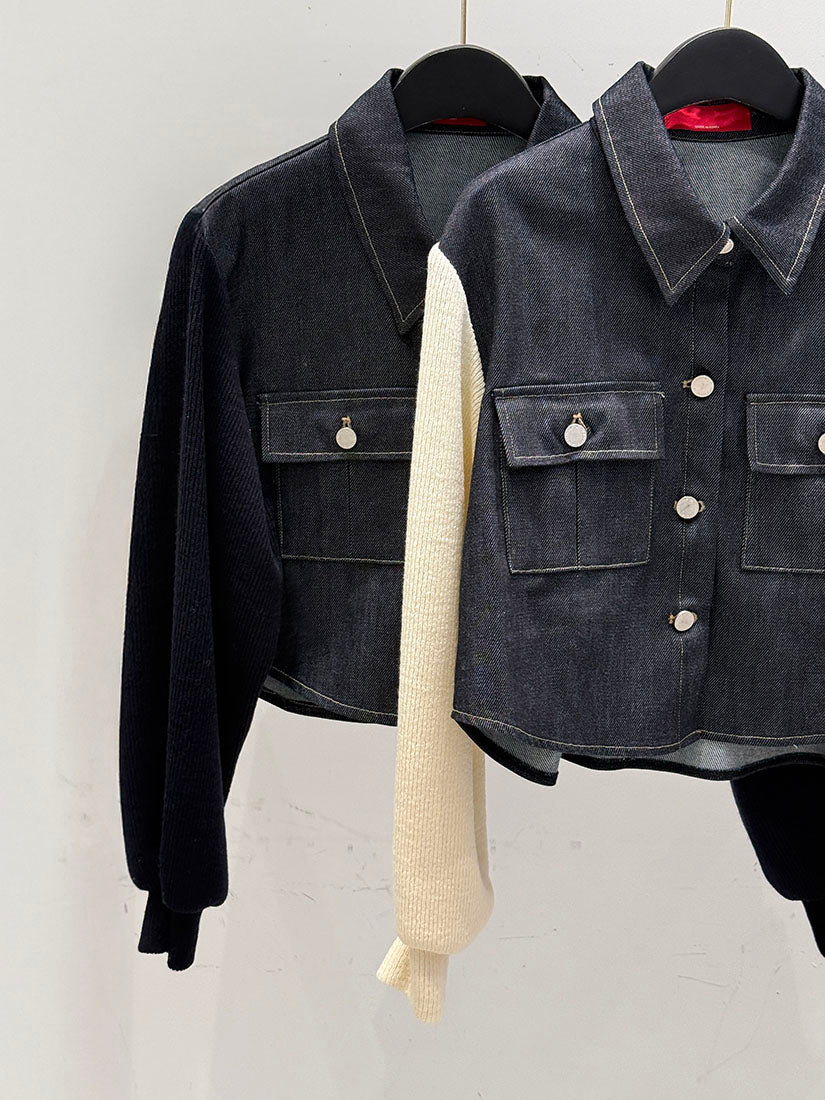 Two-Tone Knit Sleeve Denim Jacket (2 COLOURS)